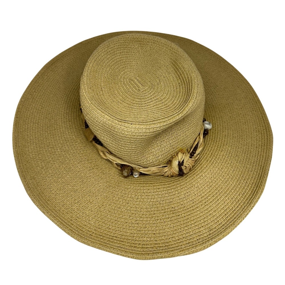 Cappelli Straworld Sun Hat Tan Wide Brim Beaded Braided Band OS Women